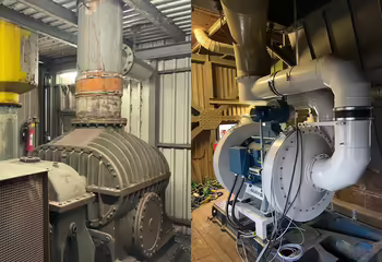 Vorher/Nachher-Bild über den Austausch eines alten Drehkolbengebläses mit einem NEUERO Turbo Gebläse.