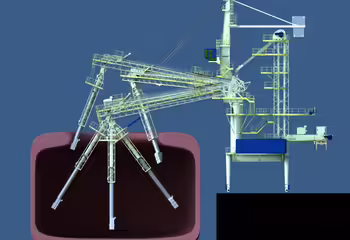 Technische Skizze zur Verdeutlichung der Kick-in/Kick-out-Funktion des vertikalen Auslegers von NEUERO Schiffsbeladern.